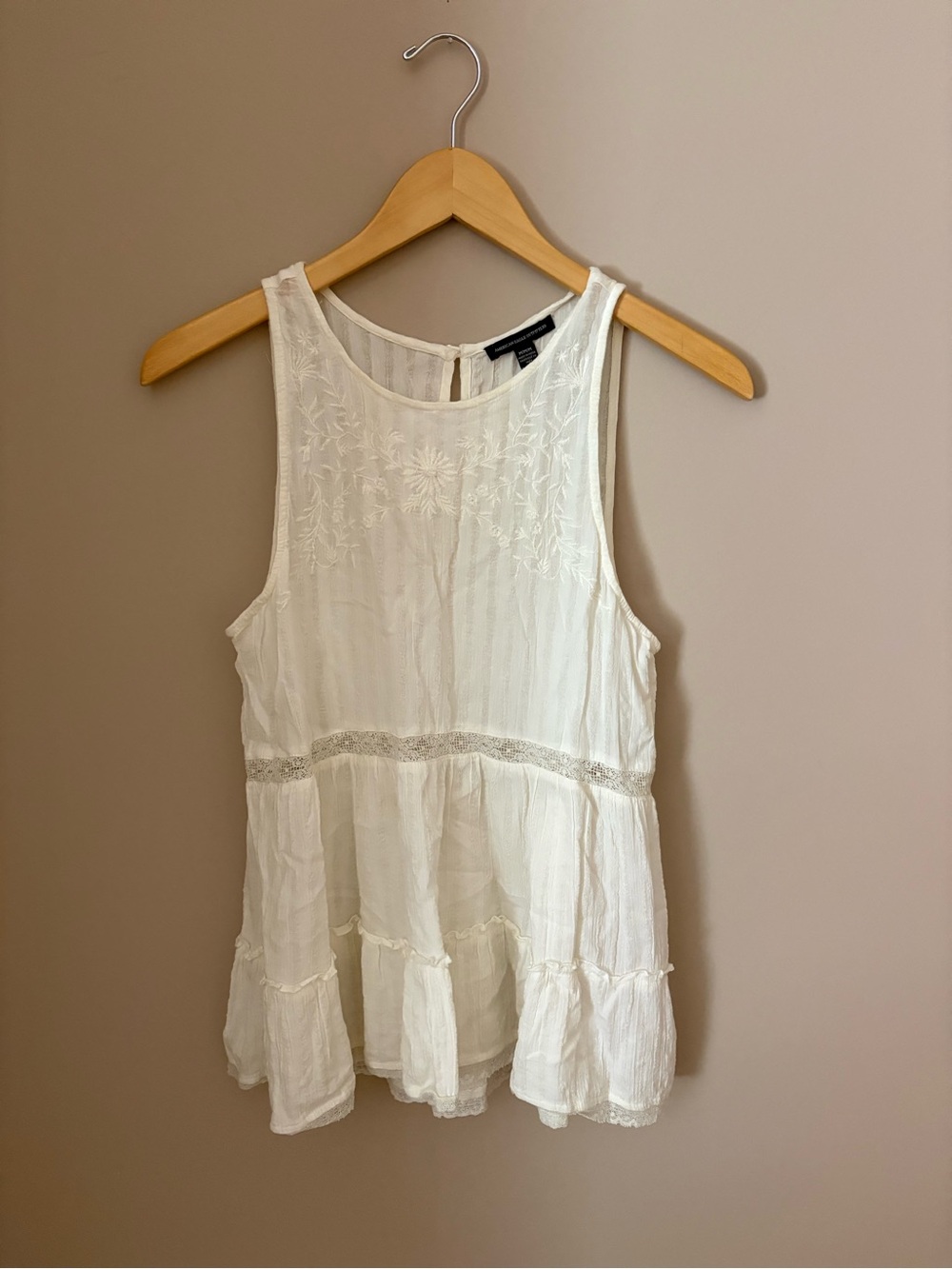 American Eagle Outfitters White Embroidered Sleeveless Peasant Tank